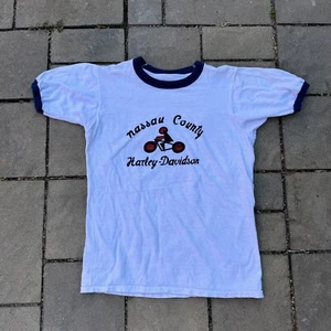 VINTAGE 60S 70S NASSAU COUNTY HARLEY DAVIDSON RINGER TEE SHIRT SINGLE STITCH S M - Picture 1 of 6