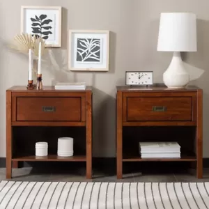 Mid Century Modern Nightstand Set of 2 Bed Table Drawer Shelf Solid Wood Walnut - Picture 1 of 6