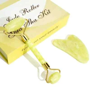 Rullo Massaggio Viso Giada Naturale e Gua Sha Set Confezione Regalo Strumenti di Bellezza - Giallo - Foto 1 di 7