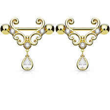 Pair of CZ Tear Drop Dangle Heart 14K Gold Plated Nipple Rings Barbell 14g 9/16"