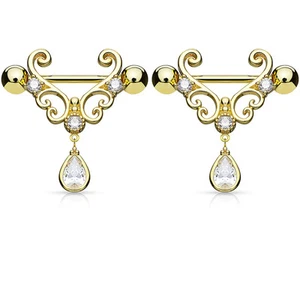 Pair of CZ Tear Drop Dangle Heart 14K Gold Plated Nipple Rings Barbell 14g 9/16" - Picture 1 of 7