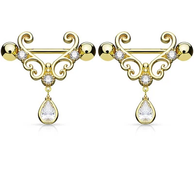 一对 CZ 眼泪吊坠心形 14K 镀金乳头戒指杠铃 14 克 9/16 — 第 1/4 张图片