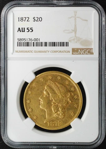 1872 $20 TYPE 2 LIBERTY HEAD GOLD DOUBLE EAGLE, NGC AU55 Cover