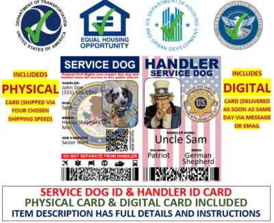 SERVICE DOG & HANDLER ID CARD PVC CUSTOMIZABLE PHYSICAL & DIGITAL INCLUDED - Image 1 of 4