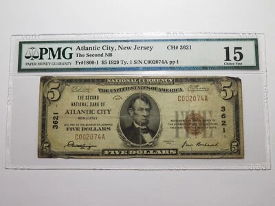 $5 1929 Atlantic City New Jersey NJ National Currency Bank Note Bill #3621 RARE - Image 1 of 4