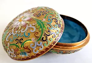 Vintage Raro Cinese Cloisonne Smalto Bronzo Con Coperchio Portabevande Fiore 3,25"Diapositiva - Foto 1 di 8