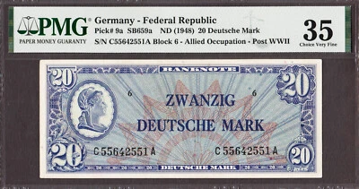 Germany - Federal Republic Allied Occupation 20 Mark 1948 SB659a P-9a VF PMG 35 - Image 1 of 2