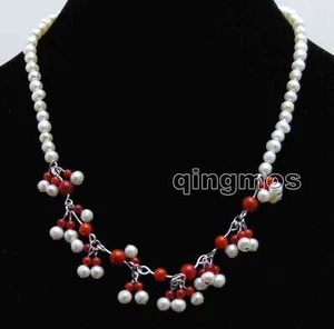 5-6mm Round Natural White Pearl Pendant Necklace for Women with Red Coral 17'' - Picture 1 of 5