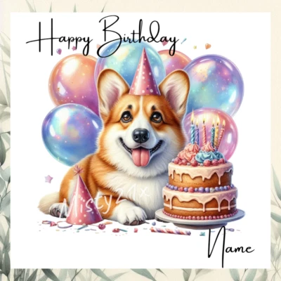 MISTY21X Personalised CORGI DOG Birthday Greetings Card Cake and balloons, ANY OCCASION