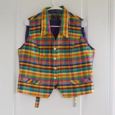 Винтажный Vinci Мадрас чек жилет женщин Sz XL цветной шелк назад галстук новый без ЯРЛЫКОВ - Изображение 1 из 4