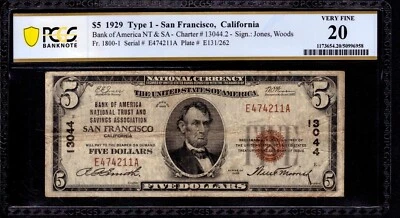 1929 $5 BANK OF AMERICA NATIONAL BANK NOTE SAN FRANCISCO CALIFORNIA PCGS B VF 20 - Image 1 of 2