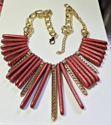 Vintage Gold Tone & Chunky Rose Revival Pink Color Statement  Fringe Necklace Foto 1 de 4