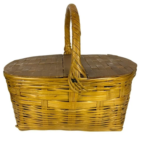 Wicker Picnic Basket Wooden Lid Double Hinged Large Country Farmhouse Vintage Cover