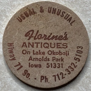Florine's Antiquitäten Holz Nickel Arnolds Park IA Iowa Lake Okoboji Medaille T6819 - Bild 1 von 5
