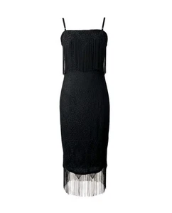 Vintage Fringed Black Slip Dress Size 10 S Gatsby Roaring 20's Art Deco Flapper - Foto 1 di 13