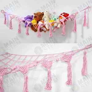 w/ LED Light Stuffed Animal Pink Hammock Net Toy Storage Corner Organizer - Picture 1 of 8