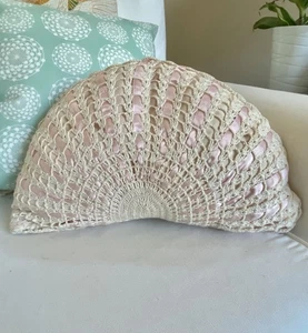 Vtg Crocheted Pink Ivory Satin Ribbon Handmade Throw Pillow Half Circle 9x16” - Picture 1 of 6