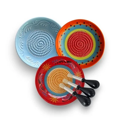 3 Tellerreiben mit 3 Pinsel mediterrane Keramikreiben - Knoblauchreiben Set - Bild 1 von 4