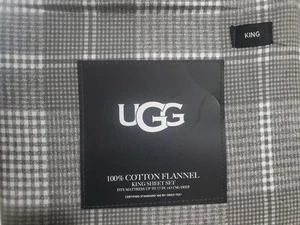 NEW UGG KING Sheet Set Cotton Flannel Gray Plaid Oeko-Tex - Picture 1 of 4