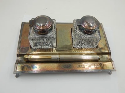 Soporte de tintero doble de plata esterlina Sheaffer vintage y bandeja para bolígrafo 14 k nuevo en caja Foto 1 de 4