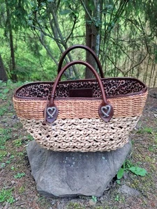 Brighton Straw Tote Purse Leopard Print Lining Open Med. Sz 17" 🆓️🎁W/Purchase - Picture 1 of 24