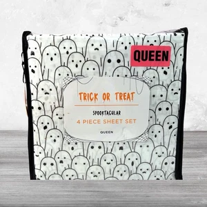 Trick or Treat Spooktacular Ghosts QUEEN Size Sheet Set Black White Spooky NEW - Picture 1 of 4