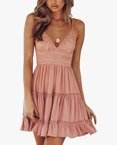 Damen Sommerkleid V-Ausschnitt Spaghettiträger Schleife Knoten Rückenfrei Ärmellos Gr. S - Bild 1 von 6