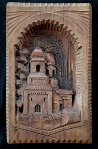 Exquisite vintage large finely carved Orthodox Shrines wood panel 20" by 12.25" - Picture 1 of 11