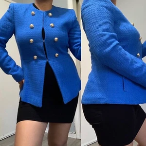 Zara Damen Blazer blau hochgeschlossen zweireihig strukturiert Baumwolle Größe M - Bild 1 von 13