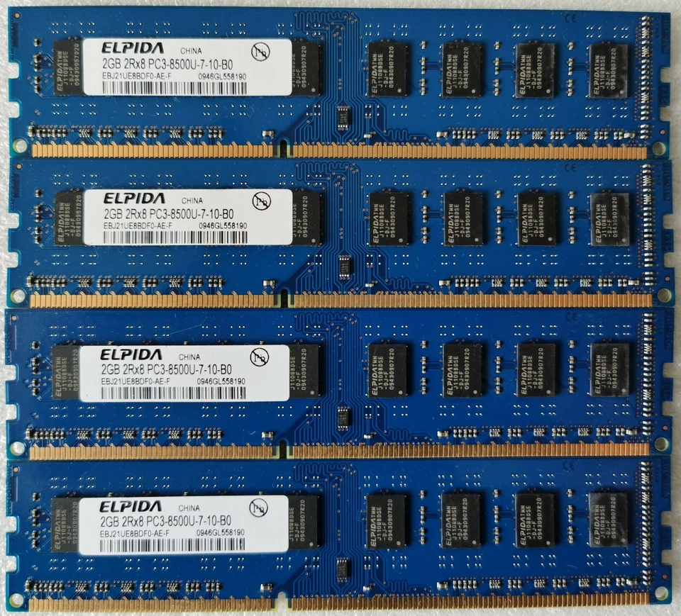 ✅Barrette Mémoire 8Gb (4x2Gb) Elpida DDR3 2Gb 2Rx8 Pc3-8500U 1066Mhz - Photo 1/1