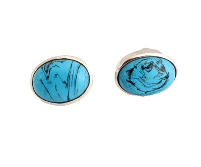 Turquoise (treated) Stud Earrings 925 Silver Gemstone Ear Jewelry Oval Beautiful - Image 1 of 2