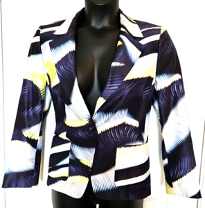 Escada Damen Größe 40/8 US Blau Gelb Seide Baumwollmischung Blazer Jacke Gefüttert - Bild 1 von 6