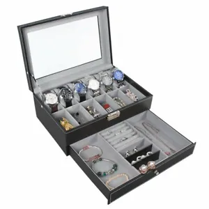 12 Slot Watch Display Case Jewelry Organizer Storage Box PU Leather W/ Glass Top - Picture 1 of 6