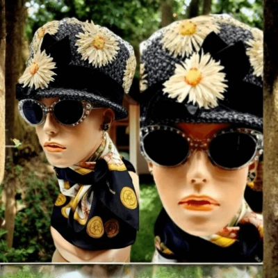 Vintage Daisy Flowers Cloche Hat Black Straw Velvet Band Union Label Wedding - Image 1 of 4