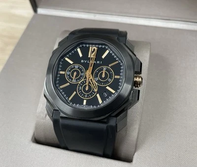 BVLGARI OCTO CRONÓGRAFO NEGRO Y ORO ROSA SOBRE GOMA BGO41SCH JUEGO COMPLETO 2018 Foto 1 de 4