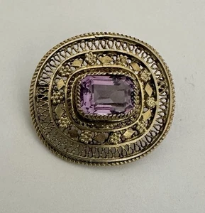 Broche prendedor Israel plata dorada 935 filigrana cabujón amatista - Imagen 1 de 7