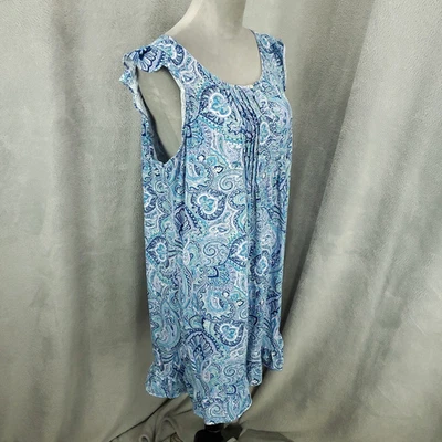 Ralph Lauren Womens Cotton Night Gown Large Blue White Paisley Sleeveless Ruffle - Image 1 of 4