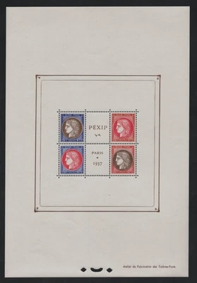 FRANCE 1937 INT'L PHILATELIC EXHIBITION SOUVENIR SHEET SC. #329 MINT NEVER HINGE - Image 1 of 2