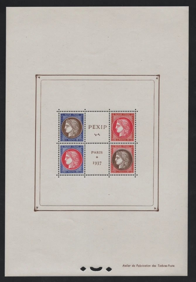 FRANCE 1937 INT'L PHILATELIC EXHIBITION SOUVENIR SHEET SC. #329 MINT NEVER HINGE - Image 1 of 2