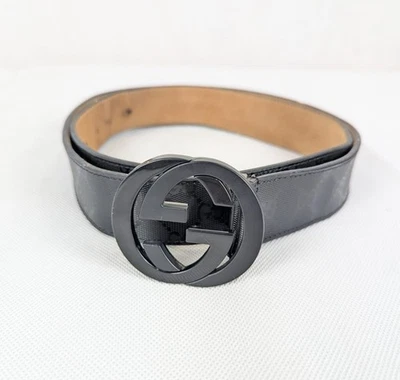 Cinturón Gucci Negro Imprime de Lona con Hebilla GG Entrelazada - Auténtico - Imagen 1 de 4