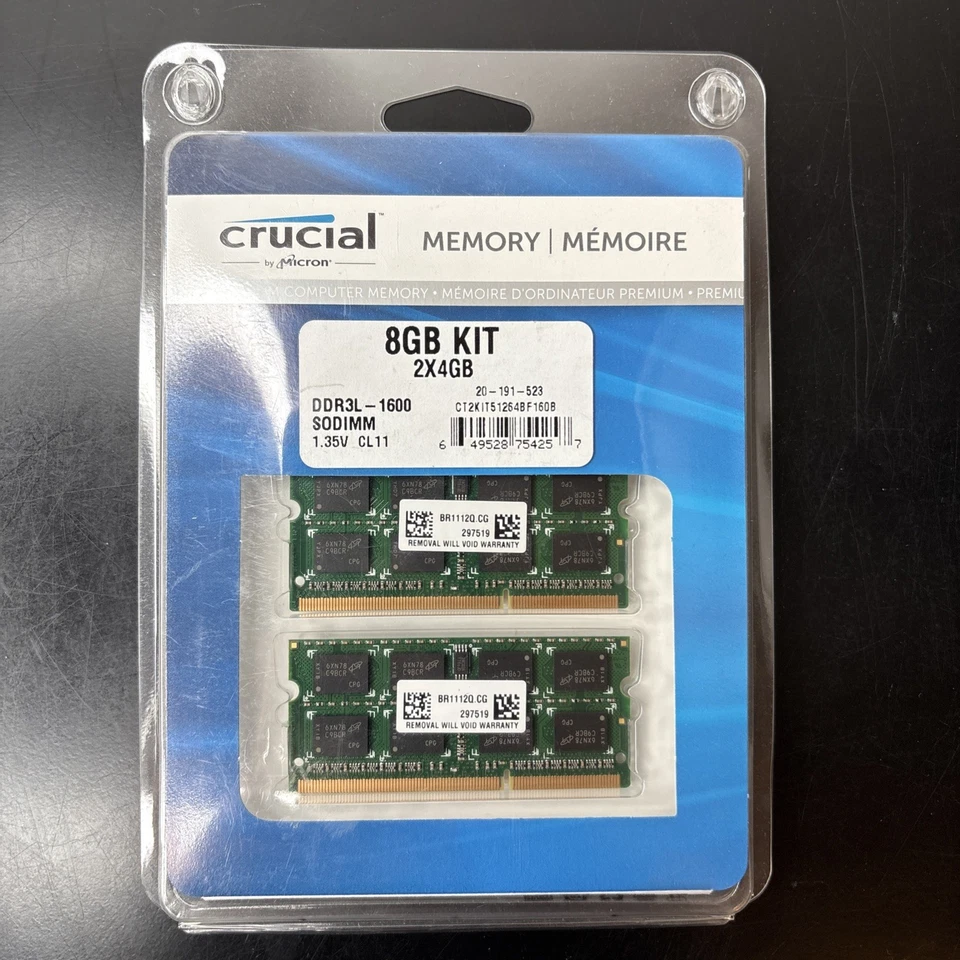 Crucial 8GB (2x4GB) RAM DDR3L 1600MHz SODIMM Laptop Memory 1.35V - Image 1 of 1