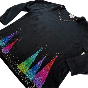 Quacker Factory Sequin Christmas Tree Holiday V Neck Pullover Sweater Size 2X - Picture 1 of 12
