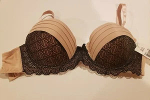 NWT BLACK BOW UNDERWIRE BEIGE BLACK LACE BRA 40D - Picture 1 of 7