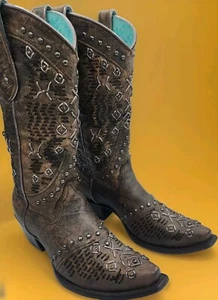 CORRAL VINTAGE STUDDED BOOTS SNIP TOE 8.5 M BROWN LEATHER SOLES WESTERN MEXICO - Picture 1 of 8