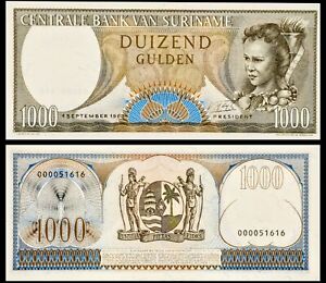 1963 Suriname 1000 Gulden Banknote, Native woman and torch, Coat of Arms