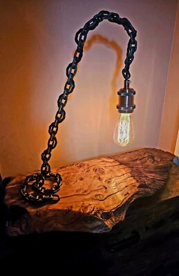 Bespoke handmade live edge wooden industrial chain lamp - Image 1 of 4