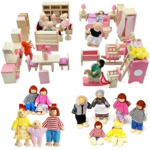 Dolls House Furniture Wooden Set Miniature 6 Room People Doll Kids Play Set Gift - Picture 1 of 26