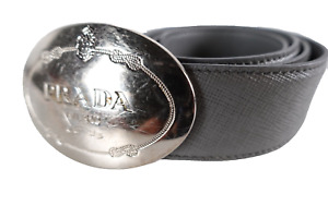 Prada Women's Gray Leather Belt Size 80/32 Silver Buckle Casual Italy Textured