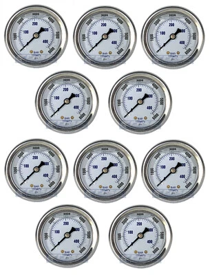PACK DE 10 MANÓMETROS LLENOS DE LÍQUIDO 0-6000 PSI, CARA DE 2", MONTAJE TRASERO DE 1/4" Foto 1 de 3