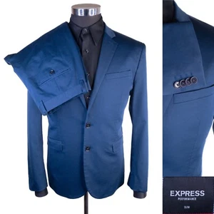 EXPRESS SLIM Solid Blue 2-Pcs Suit Performance Slim Jacket Sz 42S Pants 33X25 - Picture 1 of 19